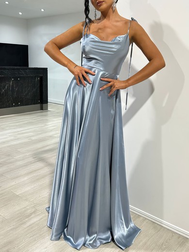 A-line Cowl Neck Silk-like Satin Floor-length Prom Dresses With Split Front #UKM020117876