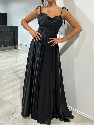 Black A-line Cowl Neck Floor-length Satin Prom Dresses With Split #UKM020117877