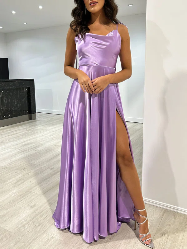 A-line Cowl Neck Silk-like Satin Floor-length Prom Dresses With Split Front #UKM020117878