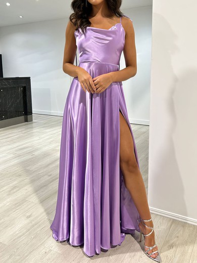 A-line Cowl Neck Silk-like Satin Floor-length Prom Dresses With Split Front #UKM020117878