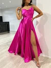 A-line Cowl Neck Silk-like Satin Floor-length Prom Dresses With Split Front #UKM020117879