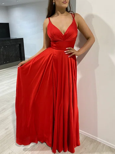A-line V-neck Silk-like Satin Floor-length Prom Dresses With Ruffles #UKM020117892
