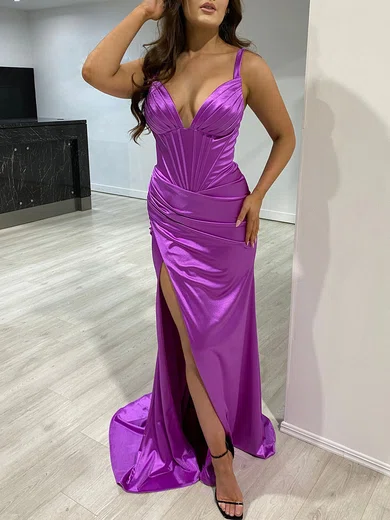 Sheath/Column V-neck Silk-like Satin Sweep Train Prom Dresses With Ruched #UKM020117901