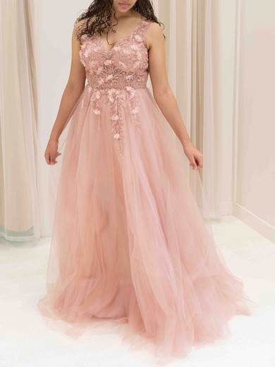 Ball Gown/Princess V-neck Tulle Floor-length Prom Dresses With Beading #UKM020117911
