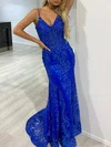 Trumpet/Mermaid V-neck Tulle Sweep Train Prom Dresses With Appliques Lace #UKM020117913