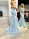 Trumpet/Mermaid Scoop Neck Lace Sweep Train Prom Dresses With Sequins #UKM020117916