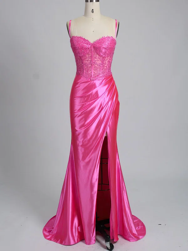 Trumpet/Mermaid Sweetheart Silk-like Satin Sweep Train Prom Dresses With Beading #UKM020117928