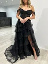 Ball Gown/Princess Off-the-shoulder Tulle Sweep Train Prom Dresses With Appliques Lace #UKM020117932