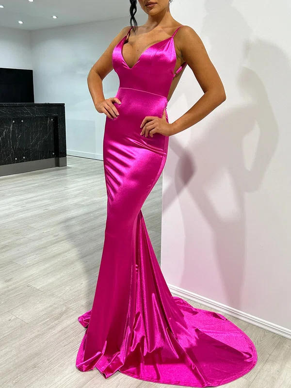 Trumpet/Mermaid V-neck Silk-like Satin Sweep Train Prom Dresses With Ruched #UKM020117934