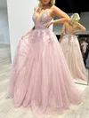 Ball Gown/Princess V-neck Tulle Glitter Sweep Train Prom Dresses With Beading #UKM020117938