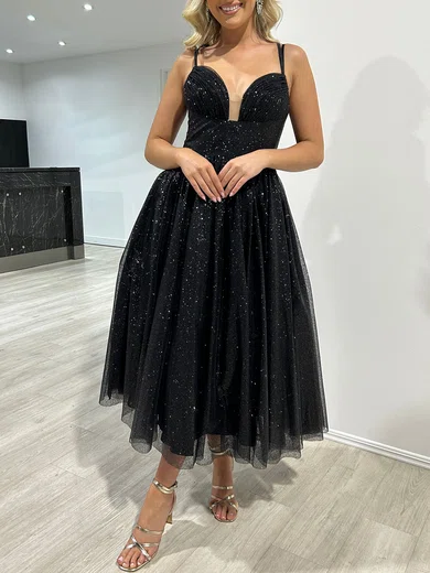 Black Ball Gown V-neck Ankle-length Glitter Prom Dresses With Ruched #UKM020117943