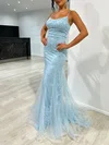 Trumpet/Mermaid Scoop Neck Lace Tulle Sweep Train Prom Dresses With Appliques Lace #UKM020117946
