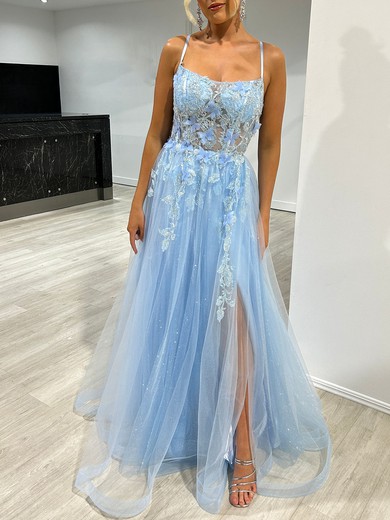 Ball Gown/Princess Square Neckline Tulle Glitter Floor-length Prom Dresses With Flower(s) #UKM020117955