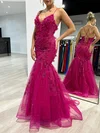 Trumpet/Mermaid V-neck Tulle Glitter Floor-length Prom Dresses With Flower(s) #UKM020117956