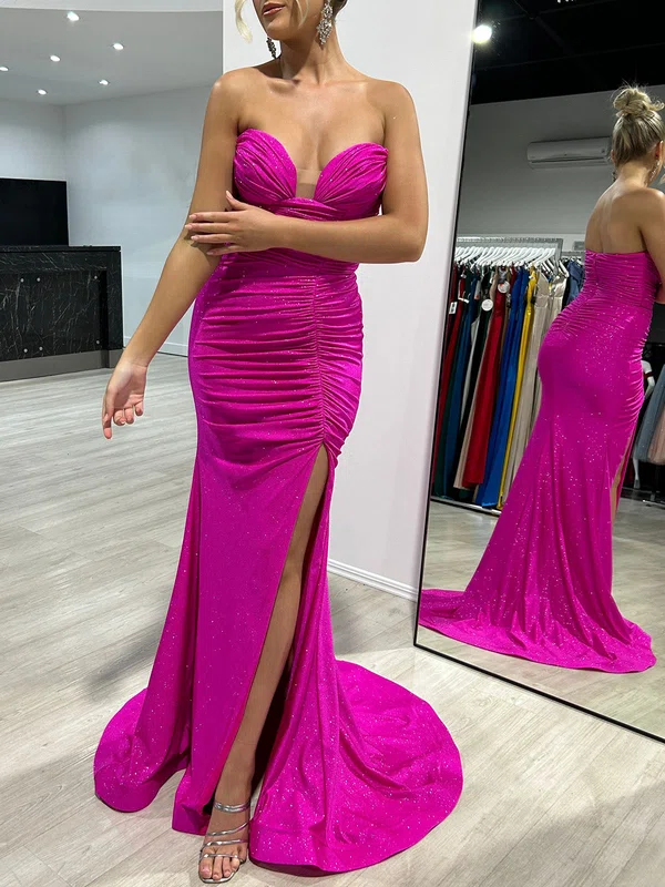 Trumpet/Mermaid V-neck Shimmer Crepe Sweep Train Prom Dresses With Ruched #UKM020117961