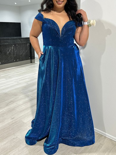 A-line Off-the-shoulder Floor-length Sparkly Prom Dresses #UKM020117966