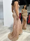 Trumpet/Mermaid V-neck Glitter Sweep Train Prom Dresses With Split Front #UKM020117969