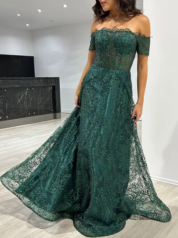 A-line Off-the-shoulder Lace Floor-length Prom Dresses With Sequins #UKM020117970