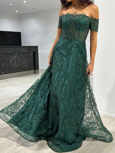 A-line Off-the-shoulder Lace Prom Dresses With Appliques #UKM020117970
