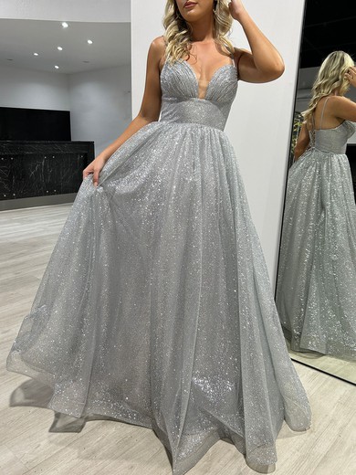 Ball Gown/Princess V-neck Glitter Floor-length Prom Dresses With Ruched #UKM020117977