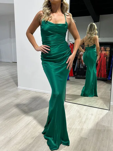 Sheath/Column Cowl Neck Satin Prom Dresses With Ruched #UKM020118015