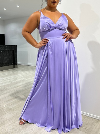 A-line V-neck Floor-length Satin Prom Dresses With Ruched #UKM020118026