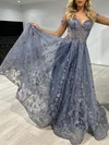 Ball Gown/Princess Off-the-shoulder Tulle Sweep Train Prom Dresses With Appliques Lace #UKM020118037