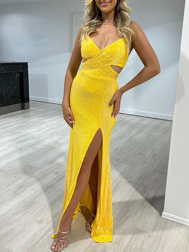 Sheath/Column V-neck Sequined Floor-length Prom Dresses With Ruched #UKM020118043
