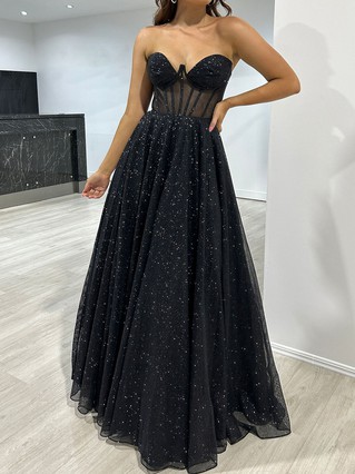 Ball Gown Princess V neck Tulle Glitter Floor length Prom Dresses With Appliques Lace MillyBridal