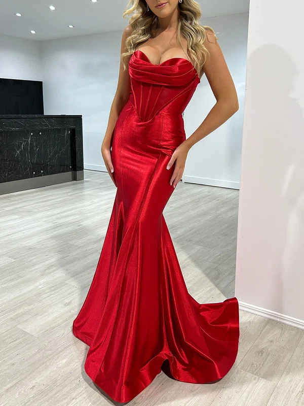 Trumpet/Mermaid Cowl Neck Silk-like Satin Sweep Train Prom Dresses With Ruched #UKM020118058