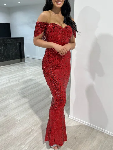 Sheath/Column Off-the-shoulder Sequined Floor-length Prom Dresses #UKM020118068