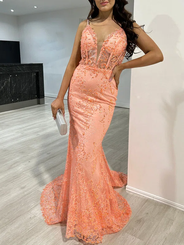 Mermaid V-neck Sparkly Sequin Prom Dresses With Appliques #UKM020118073