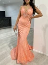 Trumpet/Mermaid V-neck Lace Tulle Sweep Train Prom Dresses With Appliques Lace #UKM020118073