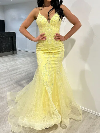 Mermaid V-neck Sparkly Sequin Prom Dresses With Appliques #UKM020118074