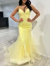Trumpet/Mermaid V-neck Lace Tulle Sweep Train Prom Dresses With Appliques Lace #UKM020118074