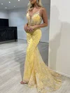 Trumpet/Mermaid V-neck Lace Tulle Sweep Train Prom Dresses With Appliques Lace #UKM020118076