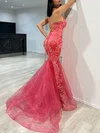 Trumpet/Mermaid V-neck Lace Tulle Floor-length Prom Dresses With Appliques Lace #UKM020118081