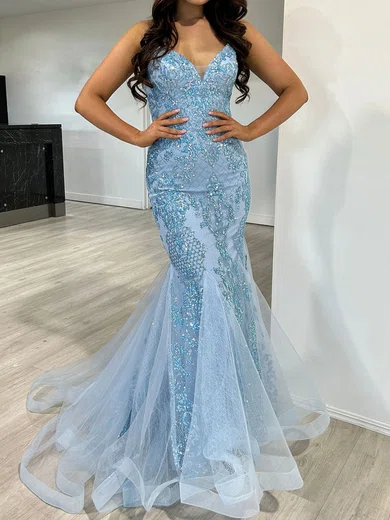 Mermaid V-neck Sparkly Sequin Prom Dresses With Appliques #UKM020118082
