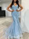 Trumpet/Mermaid V-neck Lace Tulle Floor-length Prom Dresses With Sequins #UKM020118082
