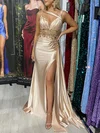 Trumpet/Mermaid V-neck Silk-like Satin Sweep Train Prom Dresses With Appliques Lace #UKM020118089