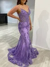 Trumpet/Mermaid V-neck Tulle Sweep Train Prom Dresses With Appliques Lace #UKM020118096