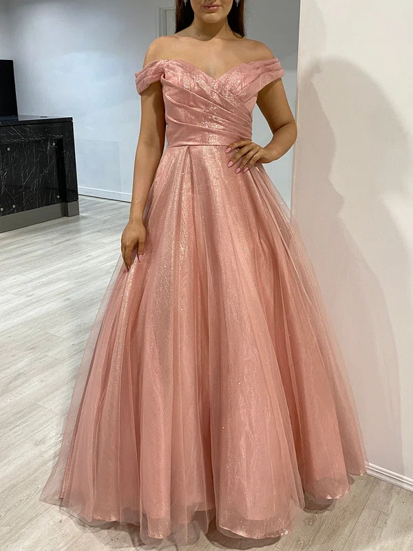 Ball Gown/Princess Off-the-shoulder Glitter Floor-length Prom Dresses With Ruched #UKM020118114