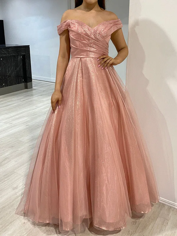 Ball Gown Off-the-shoulder Tulle Prom Dresses With Ruched #UKM020118114