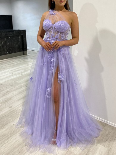 Ball Gown One Shoulder Tulle Prom Dresses With Appliques #UKM020118115