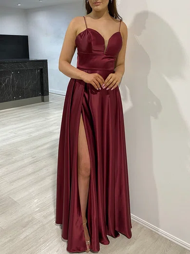 A-line V-neck Silk-like Satin Floor-length Prom Dresses With Split Front #UKM020118124
