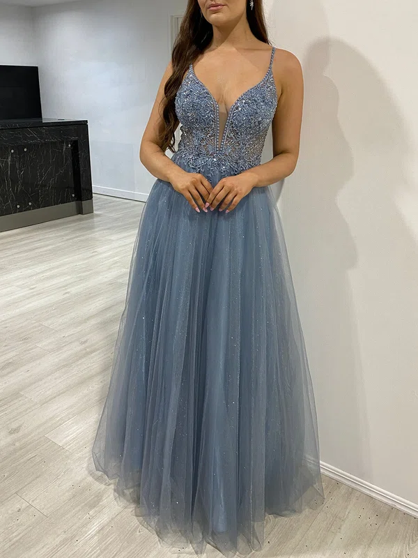 Ball Gown/Princess V-neck Tulle Glitter Floor-length Prom Dresses With Beading #UKM020118144