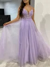 Ball Gown/Princess V-neck Tulle Glitter Floor-length Prom Dresses With Beading #UKM020118145