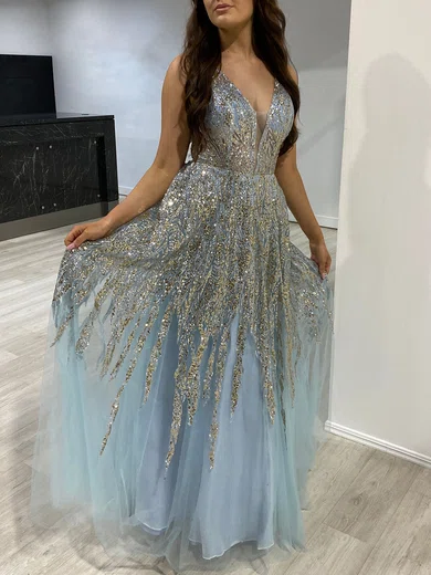 Ball Gown/Princess V-neck Tulle Floor-length Prom Dresses With Beading #UKM020118147