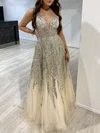 Ball Gown/Princess V-neck Tulle Floor-length Prom Dresses With Beading #UKM020118148