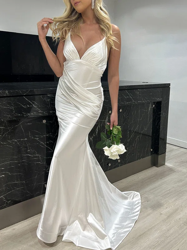 Trumpet/Mermaid V-neck Silk-like Satin Sweep Train Prom Dresses With Ruched #UKM020118158